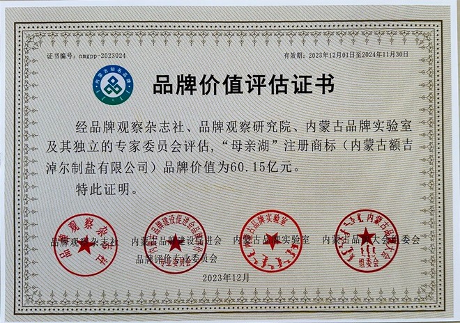 額鹽公司“母親湖”品牌估值60.15億元  榮獲“內(nèi)蒙古知名(百強)品牌”并入選 “內(nèi)蒙古食用鹽行業(yè)標(biāo)志性品牌”
